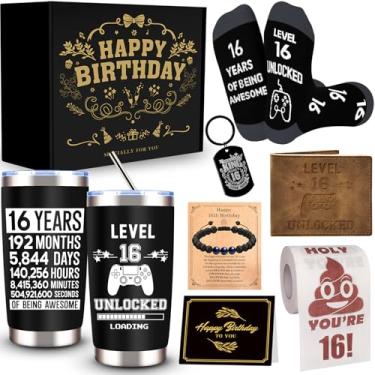 Imagem de JTAMOHI 8 peças de presentes de feliz aniversário de 16 anos para meninos, ideias de presentes de aniversário para meninos de 16 anos com copo de 590 ml, meias engraçadas, papel higiênico, carteira