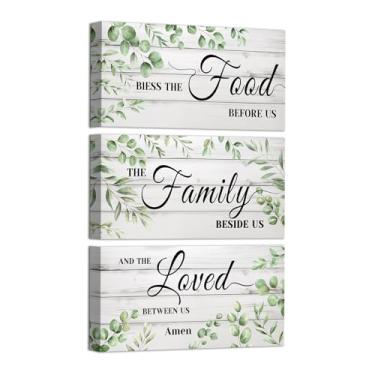 Imagem de Visual Art Decor Decoração de parede de cozinha Bless The Food Before Us Sign Rustic Farmhouse Kitchen Wall Art Decoração de sala de jantar 15 x 30 cm x 3 peças (verde)