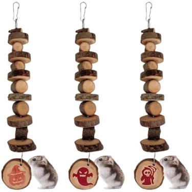 Imagem de Copfeu 3 peças de brinquedo mastigável para animais pequenos, madeira de maçã natural, gaiola de bloco, molares pendurados, petiscos, lanche para hamsters, coelhos, pássaros, chinchilas, esquilos para