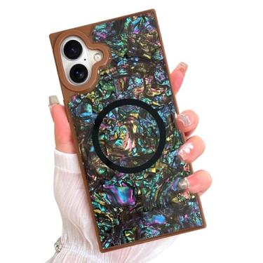 Imagem de AIGOMARA Capa retangular magnética para iPhone 16 Plus, compatível com Magsafe Luxury Sparkle Opalescent Pearl para mulheres meninas capa protetora com glitter brilhante com protetor de tela, marrom