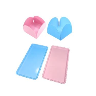 Imagem de Kit 2 Bandeja Retangular + 100 Forminhas 4 Pétalas Chá Revelação Decoração Candy Colors (Rosa/Azul)