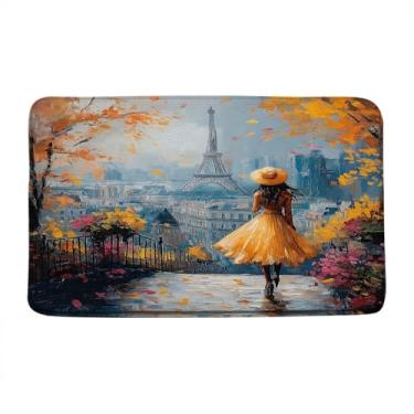 Imagem de HUSPWP Torre Eiffel de Paris, tapete de banho, pintura a óleo, pincel abstrato, laranja, amarelo, azul, romântico, cidade francesa, cenário urbano, decoração de banheiro, tapete de banheiro