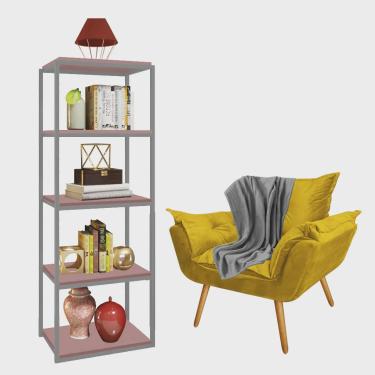 Imagem de Kit Poltrona Fatte com Manta Soft Cinza e Estante Livreiro Ferro Prata mdf Rose Suede Amarelo - Ahazzo Móveis