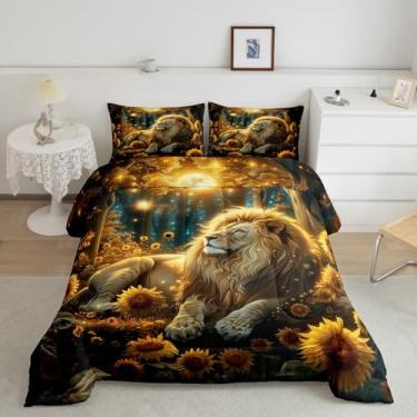 Imagem de Manfei Conjunto de edredom de leão, tamanho king, animal selvagem africano, rústica, girassóis, selvagem, 3 peças, para adultos, lua estrelada, brilhante, vida selvagem, edredom de plumas, 2 fronhas
