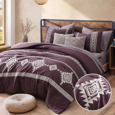 Imagem de MaiRêve Conjunto de edredom bordado, tamanho casal, roxo, casa de fazenda, boêmio, 7 peças, conjunto de cama em uma bolsa, conjunto de edredom com lençóis, fronhas e fronhas