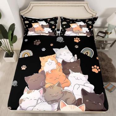 Imagem de Jogo de cama solteiro fofo com estampa de pata de gato colorido e arco-íris, 2 peças, para decoração de quarto de crianças, meninas, adolescentes, lençol com elástico alto, 1 fronha