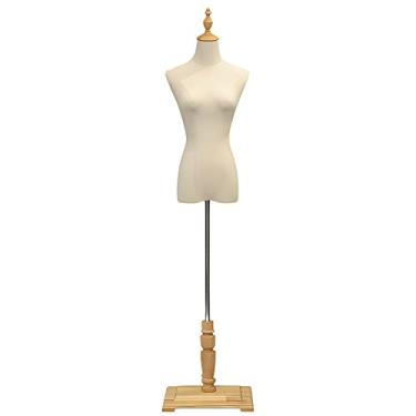 Imagem de CUTPOIY Corpo de manequim feminino bege, forma de vestido de exibição de costura/roupas, suporte de base de madeira maciça, braços removíveis, estilo europeu vintage (tamanho: com braços + cabeça