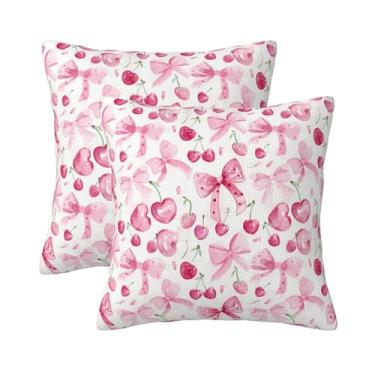 Imagem de Conjunto de 2 capas de travesseiro preppy 40,6 x 40,6 cm com 2 lindos laços rosa estampa cerejeira fronhas decorativas de verão ao ar livre capas de almofada para casa sofá cama decoração