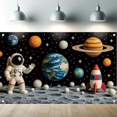 Imagem de Starlit Patio Faixa de fundo 3D de aniversário no espaço sideral astronauta, foguete, planeta, galáxia, fotografia para meninos, crianças, decoração de festa, pôster do sistema solar, suprimentos para