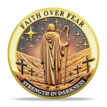 Imagem de RYUKENLM Faith Over Fear Christian Challenge Coin Psalm 23:4 Verso da Bíblia Espiritual Força e Coragem Religiosa Fé Token Presente Cristão para Homens Mulheres