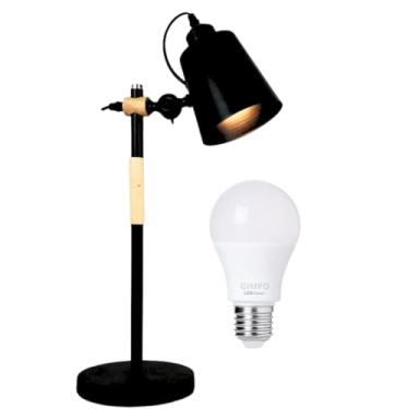 Imagem de Gimpo, Luminária de Mesa 57cm Retrô Escandinava Articulada Metal Madeira Gimpo KJTD-687 + 1 Lâmpada 9W LED Cor: Preto
