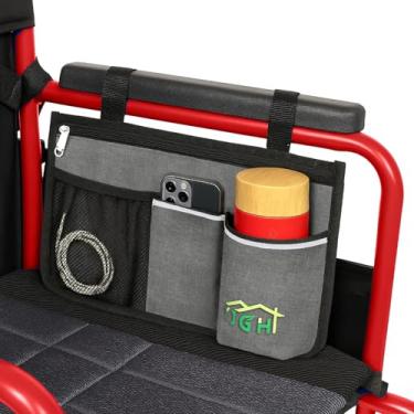 Imagem de Bolsa lateral para cadeira de rodas com suporte de copo – Bolsa de armazenamento à prova d'água com faixa refletiva para cadeiras de rodas, andadores, andadores e scooters elétricas | Presente ideal