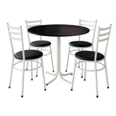 Imagem de Mesa de Jantar Redonda 80cm Preta Com 4 Cadeiras Estofada Branca - Lam