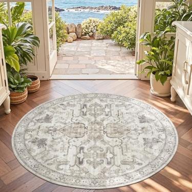 Imagem de jinchan Tapete redondo de 1,5 m para ambientes internos, vintage, floral, círculo, 1,5 m, lavável, ultrafino, pilha baixa, macia, antiderrapante, estampa envelhecida para sala de estar, sala de jantar