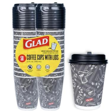 Imagem de Glad Copos de café descartáveis para uso diário com tampas – Copos de café de papel isolados de 355 ml, chocolate quente, cacau quente ou xícaras de chá, sem necessidade de manga, 50 unidades