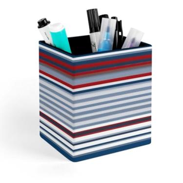 Imagem de Porta-lápis de couro para homens e mulheres, vermelho, azul, branco, cinza, listras, porta-lápis, organizador de pincéis de maquiagem, copo quadrado para mesa de escritório em casa