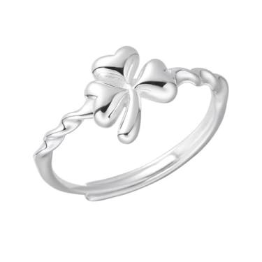 Imagem de Anel feminino Lucky Leaf Clover Flower Band para mulheres, banhado a prata, trevo irlandês, torcido, ajustável, expansível, joia floral para São Patrício
