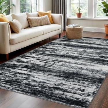 Imagem de KOZYFLY Tapete lavável 12 x 18 cm, moderno, ombré, sala de estar, tapete fino, antiderrapante, macio, listrado, para quarto, preto, azul marinho, cinza, abstrato, para lavanderia, quarto de criança