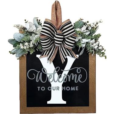 Imagem de 2023 Novo sobrenome ano inteiro grinalda da porta da frente decoração de varanda frontal 26 letras sinal de boas-vindas com guirlanda de eucalipto e grinaldas de mola de arco para porta da frente guirlanda de gancho externo (Y)