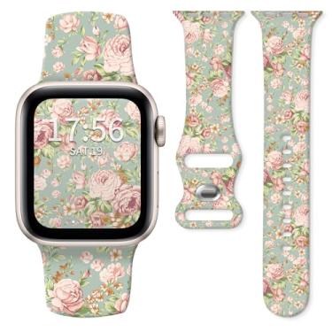 Imagem de Pulseira de relógio compatível com Apple Watch séries 10, 9, 8, 7, 6, 5, 4 e 3 Ultra SE, para mulheres e homens, pulseiras de silicone substituíveis para iWatch de 38 mm, 40 mm, 41 mm e 42 mm (floral