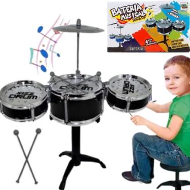 Imagem de MINI BATERIA MUSICAL 4 PÇS EDUCATIVO BRINQUEDO 3 TAMBORES + 1 PRATO + 2 BAQUETAS + SUPORTE INTERATIVO INFANTIL ROCK COMPLETA INSTRUMENTO MENINO MENINA 30/26/14 CENT