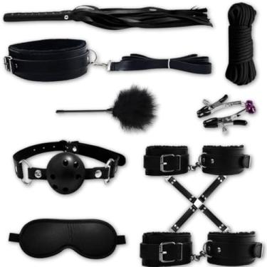 Imagem de Kit Fantasia Adulto Completo 10 Pçs Bdsm Bondage Erótico Fetiche Preto Tam. Único - Venda Chicote Algemas Coleira Guia Mordaça Corda Tornozeleira