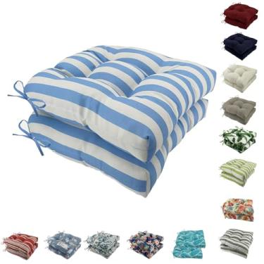 Imagem de Outdoor Chair Cushions, Tufted U-Shape Wicker Seat Cushions Set of 2, Water-Resistant and Fading-Resistant for Patio Garden Home Office Furniture(Blue stripes)