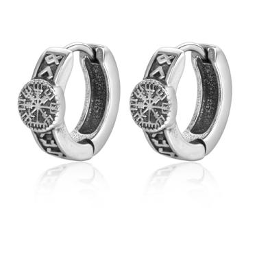 Imagem de Lantine Brincos de argola viking de aço inoxidável para homens gravados nórdico nó celta runa com dobradiça vintage punk gótica, Aço inoxidável, Sem pedra preciosa