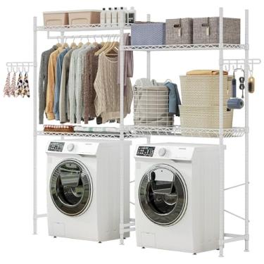 Imagem de Prateleiras de secagem de roupas de arame de altura ajustável para serviço pesado com ganchos de cesta de 4 camadas para organização de armazenamento de lavanderia metal (branco, 160 cm L x 35 cm P x