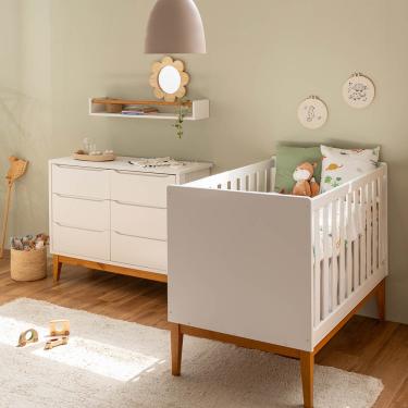 Imagem de Kit Quarto Infantil Theo com Pés Square Mel - Berço + Cômoda 6 Gavetas - Branco Fosco