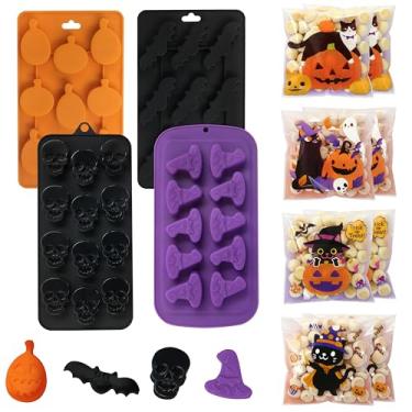 Imagem de Boerni Moldes de chocolate doces de Halloween, pacote com 4 moldes de silicone 3D de Halloween em forma de chapéu de bruxa de morcego de abóbora para doces, goma, gelatina, cubo de gelo, derretimento