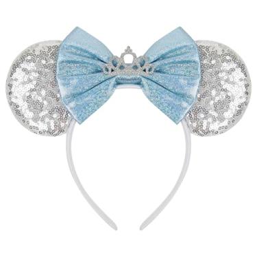 Imagem de Bandanas de orelhas de rato para mulheres, laço azul, faixa de cabelo com lantejoulas, aniversários, festas, acessórios de cabelo