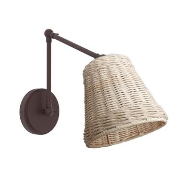 Imagem de Laite Lumens Luminária de parede de braço oscilante de 18 cm, arandela de parede de vime tecida à mão, luminária de parede com fio para quarto, sala de estar, cabeceira (bronze pintado)