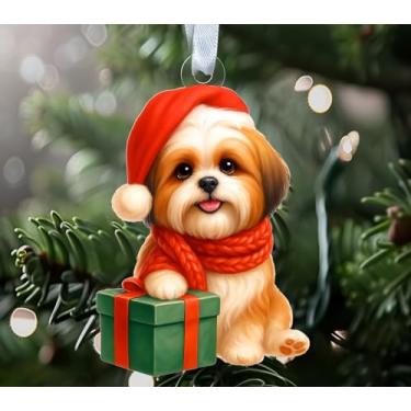 Imagem de Enfeite de cachorro Shih Tzu acrílico - design de chapéu de Papai Noel e cachecol vermelho - lembrança de decoração de árvore de férias - presente para amantes de animais de estimação