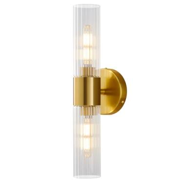Imagem de Timeweave Luminária de banheiro 2 luzes, luminária moderna para banheiro, arandela de parede, luz de banho com hastes de vidro para espelho corredor do quarto (latão escovado)