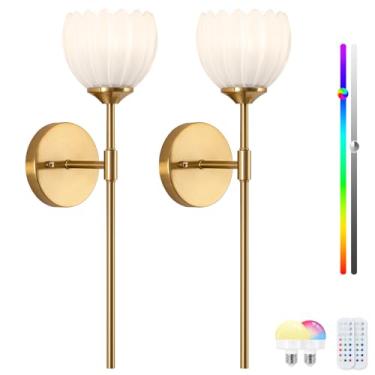 Imagem de Rnzziw Conjunto de 2 arandelas vintage operadas por bateria, luzes de parede com lâmpadas RGB reguláveis e controle remoto, lâmpadas de parede LED sem fio recarregáveis para sala de estar, corredor