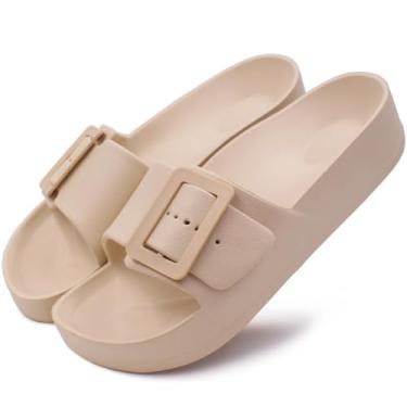 Imagem de Sandálias femininas com suporte de arco com fivela ajustável plataforma nuvem deslizante verão chinelos macios leves antiderrapantes sapatos de banho, Marrom claro, 35