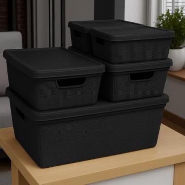 Imagem de Caixa Organizadora com Tampa Kit 5 Peças Cesto Grande em Plástico 1,8 L 5 L 15 L - Rv-Ecommerce (Preto)