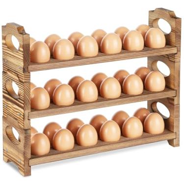 Imagem de AOOHOOA Suporte e armazenamento de ovos de madeira - 3 níveis/36 furos, empilhável para ovos frescos, suporte de madeira para ovos de fazenda, organizador de ovos de galinha de bancada rústica com
