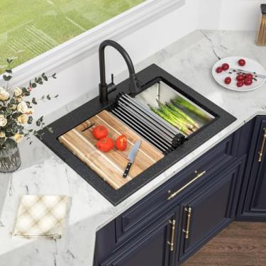 Imagem de Kichae Pia de cozinha composta de 30 granitos – 76,2 cm x 55,88 cm de granito para pia de cozinha com conjunto de torneira e dispensador de sabonete, quartzo preto, 25,4 cm de profundidade, montagem