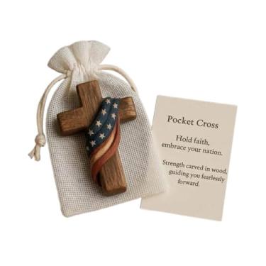 Imagem de Generic Pequena cruz de madeira para segurar sua mão com cartão de oração Cruz de madeira de bolso para confirmação de mesa para católicos, com Estrela