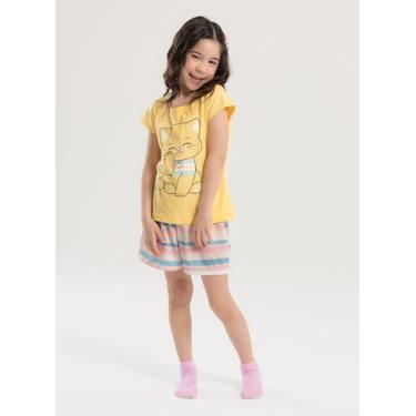Imagem de Pijama Verão Menina Amarelo Blusa e Shorts Gatinha Listrada - Molekada