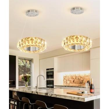 Imagem de Anel de 20,3 cm Moderno LED Regulável Lustre de Cristal Ajustável Altura Ajustável Lustre de Cristal Redondo Luminárias para Sala de Jantar Sala de Estar Cozinha Ilha Prata