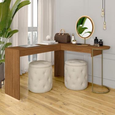 Imagem de Camarim Em L Industrial Com Led E Espelho Oval Mavi Dourado/frei - M.a