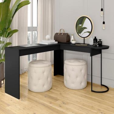 Imagem de Camarim Em L Industrial Com Led E Espelho Oval Mavi Preto Fosco - M.a