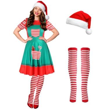 Imagem de Hillban Conjunto de 3 peças de fantasia de elfo de Natal feminino, manga curta, vestido de Natal até a coxa, chapéu de Papai Noel, Avental, P