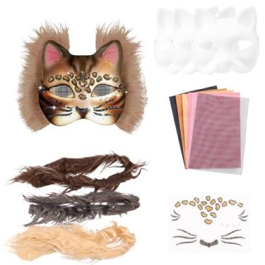 Imagem de DJAPWPX Kit de máscara de gato faça você mesmo, 13 peças, kit de máscara em branco com fita de pele adesiva, faça você mesmo, baile de máscaras de papel para festa de Halloween, Páscoa, cosplay