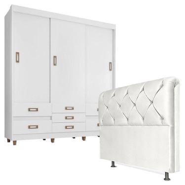 Imagem de Quarto De Casal Guarda Roupa 37020 Com Cabeceira Daiana 140 Cm Branco - Araplac