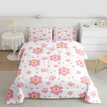 Imagem de Feelyou Conjunto de cama de flor rosa macio para meninos e meninas, conjunto de edredom com estampa de pata, tamanho casal, edredom de microfibra, kawaii, 3 peças com 2 fronhas