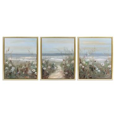 Imagem de Stupell Industries Conjunto de tela flutuante com moldura dourada de 3 peças paisagem litorânea de flores silvestres, design de Sally Swatland, 53 x 43 cm